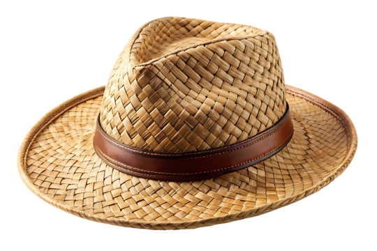 Woven Straw Fedora Hat with Leather Band on Background Keywords: hat, straw, fedora, woven isolated on a transparent background