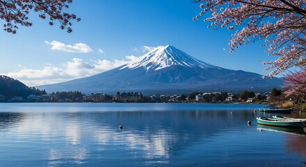Serene mountain lake reflects vibrant spring blossoms under bright sunlight. AI Generated