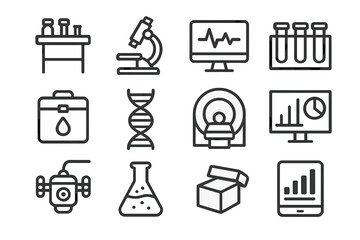 Research Facility Icons. Research Facilities. Line outline icon set of Research Facilities: lab table,