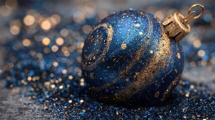a blue and gold ornament is surrounded by glitter