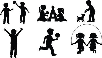 children, kids, play, fun, joy, silhouette, activity, jumping, skipping, ball, blocks, pet, dog, vector, childhood, interaction, teamwork, friendship, outdoor, illustration