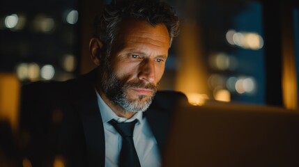 focused busy mature business man lawyer ceo trader using computer typing working in modern office room doing online data market analysis thinking planning tech strategy looking at laptop no logos no 