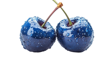 Two blue cherries with water droplets on them