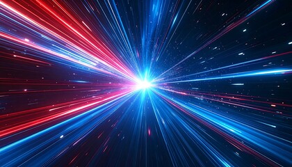 A vivid, futuristic depiction of light rays converging at a central bright point, creating a sense of speed and energy