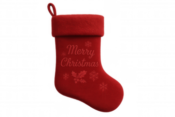 Red christmas stocking with merry christmas text and holiday decorations, isolated on transparent background