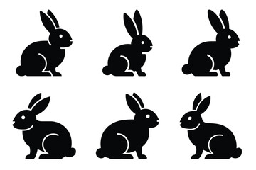 Rabbit minimal flat vector icon set, black color and white background.