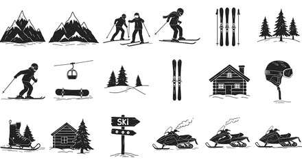 Collection of winter themed icons and illustrations showing outdoor activities and structures isolated on white background
