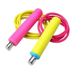 Two colorful jump ropes with pink and yellow handles, isolated on a transparent background. background removed