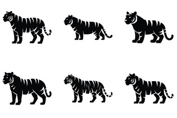Tiger minimal flat vector icon set, black color and white background.
