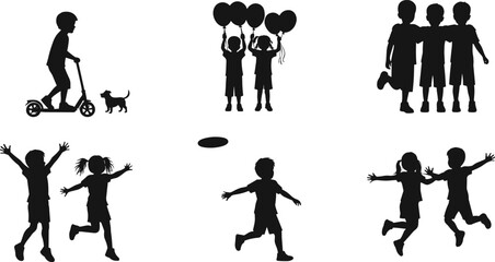 children, kids, play, fun, joy, silhouette, running, walking, scooter, dog, balloon, friendship, interaction, black, vector, illustration, activity, movement, bonding, outdoor