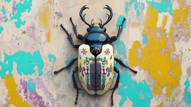 hyperrealistic photo of a beetle with Moroccan door illustration on back, 