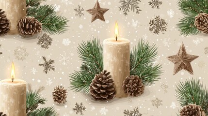 seamless christmas pattern with burning candles pinecones and fir tree branches on beige background decorated with glowing stars and snowflakes perfect for festive wrapping and seasonal designs