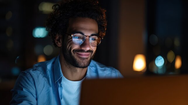 smiling young curly indian latin ethnic business man or student wearing glasses remote working overtime learning online late at night at home or in dark office using laptop computer at workplace no l - Powered by Adobe