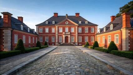 Historic red brick European manor with cobblestone pathway and classic architecture