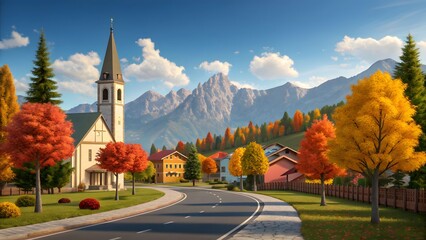 Idyllic Mountain Village with Church and Vibrant Autumn Foliage in the Alps