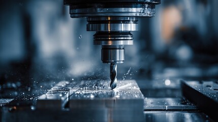 CNC machine precision drilling process captures sparks and shavings in industrial setting