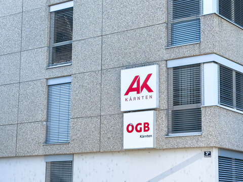 Sankt Veit Ad Glan, Austria - September 17, 2025: AK Karnten building exterior with OGB sign, showcasing modern architecture and urban design in a vibrant city environment