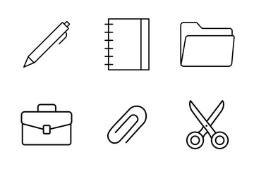 An office supplies icon set in minimalist style with editable stroke. Pen, notebook, folder, briefcase, paperclip, scissors, work tools, business elements, stationery, office equipment
