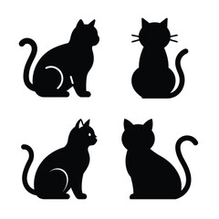Cat minimal flat vector icon set, black color and white background.