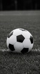 Fototapeta premium Wet black and white soccer ball on green grass with water drops. Football equipment on pitch on rainy day for sport competition.
