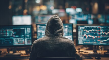 back view of hacker at desktop using computers with various forex screens on blurry office interior background cryptocurrency hacking bticoin trading and finance concept double exposure no logos no b