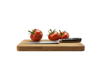 Three vibrant red tomatoes sit on a light brown wooden cutting board, alongside a stainless steel knife, against a striking black background.