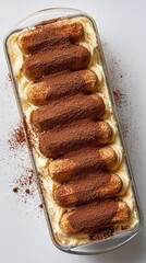A delicious tiramisu dessert in a glass dish, dusted with cocoa powder. The dessert features layers of ladyfingers and creamy mascarpone filling. top view, white background