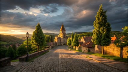 Medieval Hilltop Village with Fortified Gothic Church at Sunset