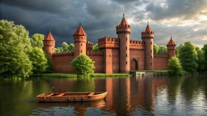 Medieval Riverside Castle with Red Brick Towers and Moat