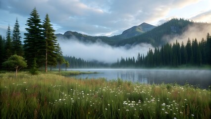 Misty Morning in Coniferous Forest by Mountain Lake