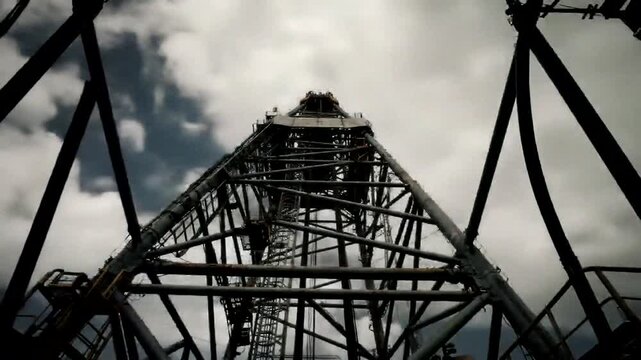 A towering industrial structure reaches skyward against a backdrop of dramatic clouds, showcasing engineering marvel.