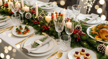 Christmas table setting, new year festive dining outdoors in a luxury restaurant, christmas food and decorations, banquet, candles and lights, elegant table layout with fir tree branches and flowers.
