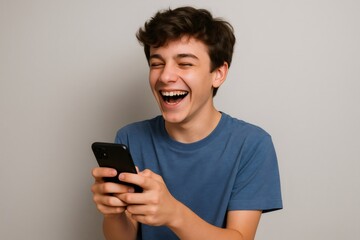 Teenager laughing while using a mobile phone, enjoying something amusing on a gray background, capturing the joy of youth and technology