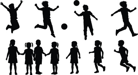Children, silhouette, kids, playing, jumping, running, kicking, ball, fun, activity, group, friendship, outdoor, energetic, movement, interaction, teamwork, childhood, happy, development