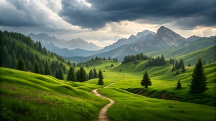 Scenic Alpine Valley with Lush Green Hills, Conifer Forest, and Dramatic Mountain Peaks
