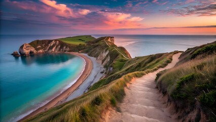 Scenic Coastal Cliffs with Winding Path and Turquoise Bay at Sunset
