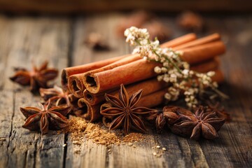 Cinnamon sticks and star anise arranged on wooden table, warm spice still life
