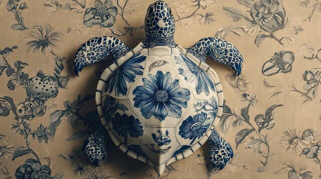 hyperrealistic photo of a Delftware porcelain turtle with animal illustation motifs, celestial sun motif, 