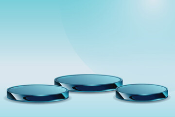 Backdrop illustration for advertising goods, products, museum expansions. Simple blue light background. Glass arch with rounds. Stylish background for presentation