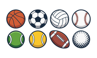 Sports Balls Vector Set Basketball, Soccer, Volleyball, Baseball, Tennis, Football, Golf Minimal Flat Icons, easily editable and scalable.