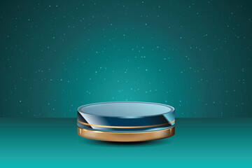 Front view of transparent podium glassware decorated in green background with blank space