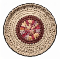 Circular Beige Crochet Placemat with Red and Orange Floral Center Isolated on White Backdrop