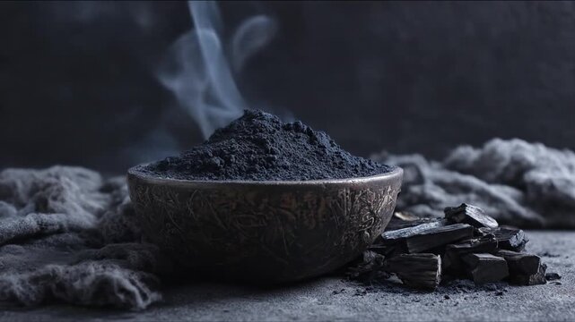 A dark, ornate bowl brimming with activated charcoal powder, surrounded by smoky charcoal chunks, creates a captivating still life.