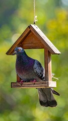 A pigeon perched in a small wooden bird feeder