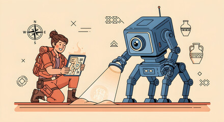 Futuristic archaeology with an explorer and her AI robot assistant