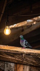 A pigeon perched on weathered wood under a warm light