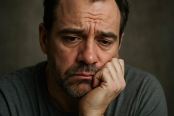 Naklejka premium Close up of a sad man with his head in his hand, reflecting on his mistakes and feeling regretful