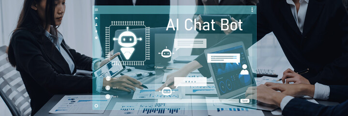 Team members collaborate in a modern office setting, utilizing AI chat bot technology to enhance...