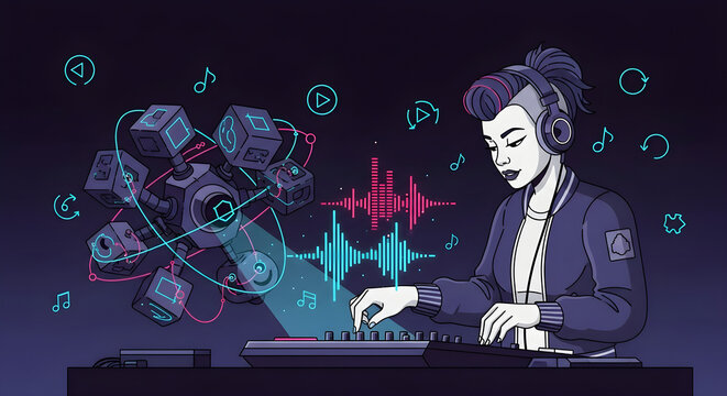 Cyberpunk DJ collaborating with an AI music producer - Powered by Adobe