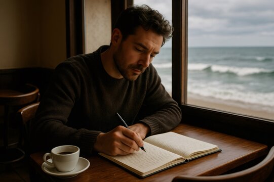 Young focused writer taking notes on a notebook while enjoying a coffee break in a cafe with sea view